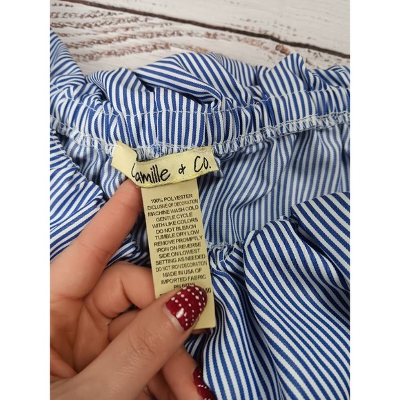 Camille & Company Off The Shoulder Blouse Women's Large Blue White Stripe Ruffle - Picture 5 of 10